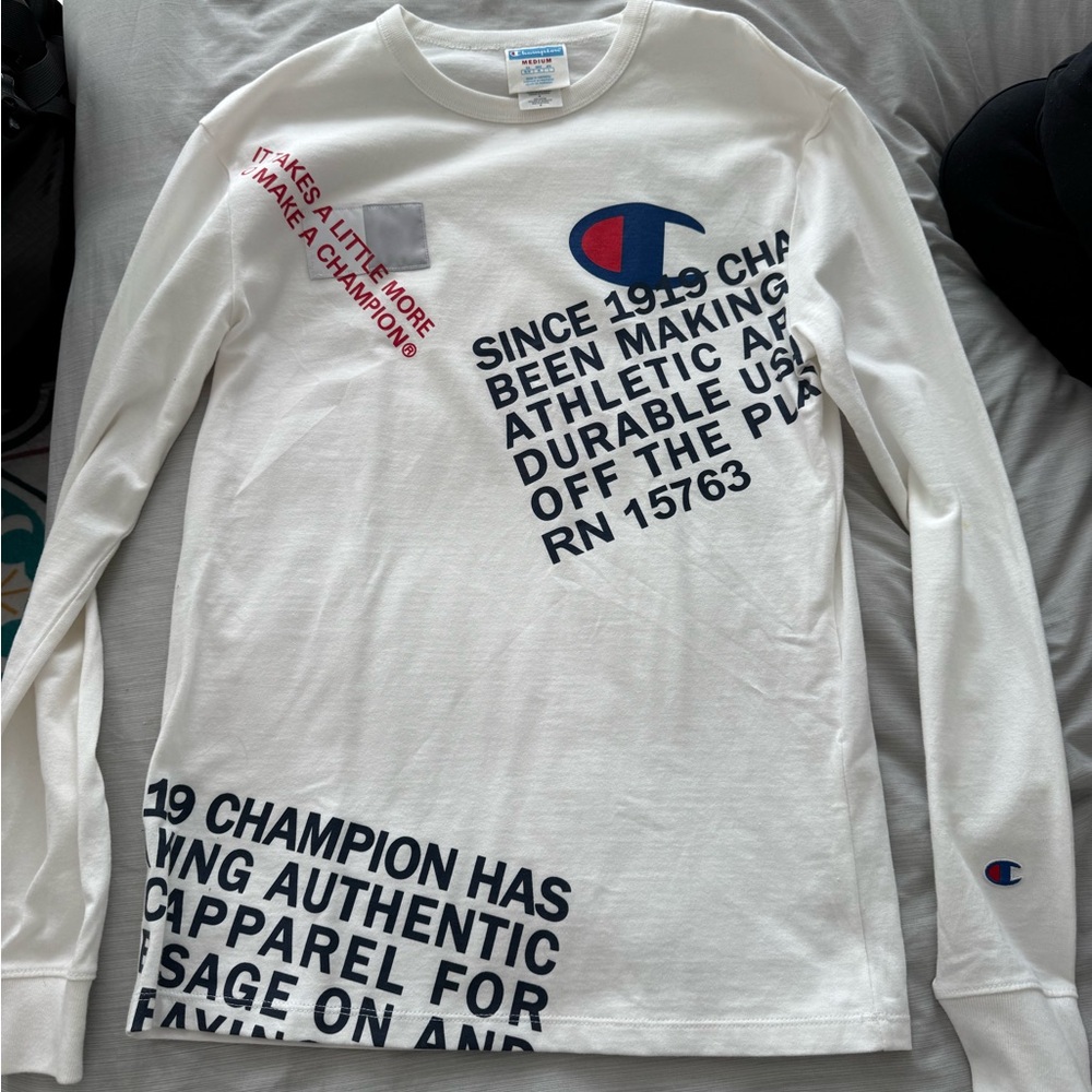 Champion White Long Sleeve Graphic Logo Tee with Navy & Red Accents